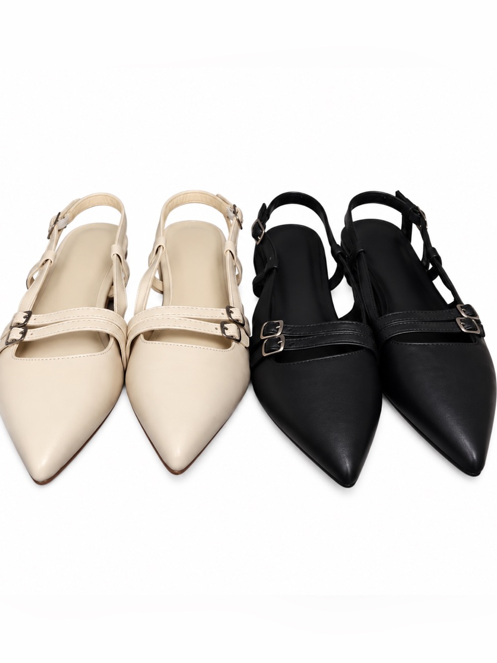 2 Pairs Pointed-Toe Adjustable Slingback Flats | Cream & Black | Size 8